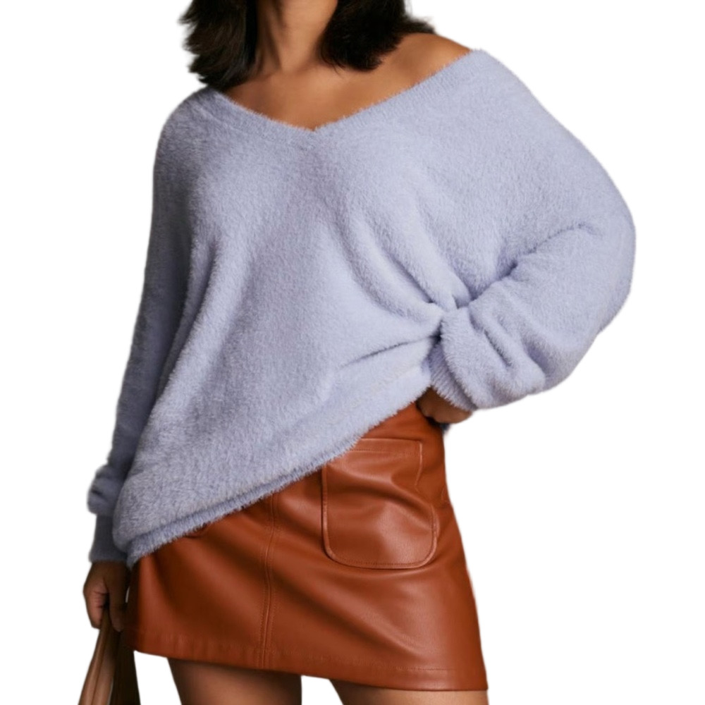 ⛵️Anthropologie oversized Fuzzy v neck light blue Off the Shoulder SweaterM GUC.